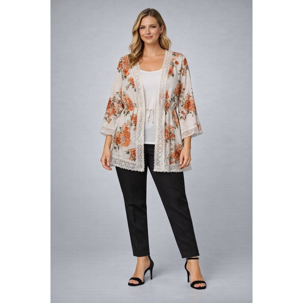 Absolutely Famous Floral Cardigan 1X Lace Trim Boho‎ Kimono Flowy Top